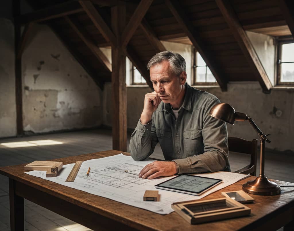 Bauherr sitzt vor den Plänen seiner Sanierung und grübelt über die richtigen Dachfenster